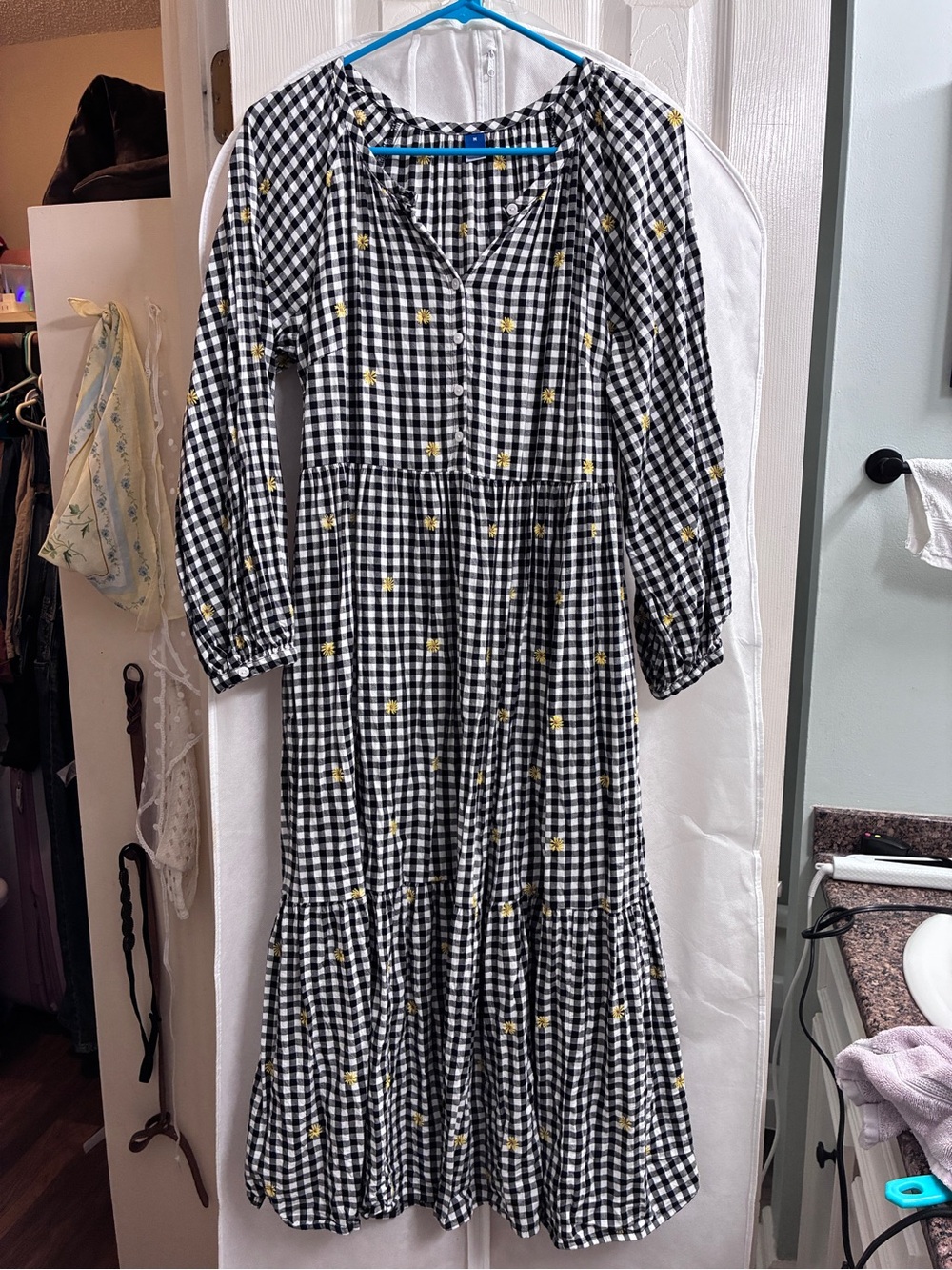 Old Navy Black & White Gingham Maxi Dress with Yellow Floral Accents